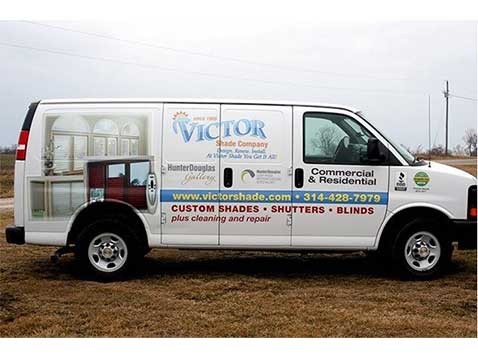 White van with the Victor Shades Company logo